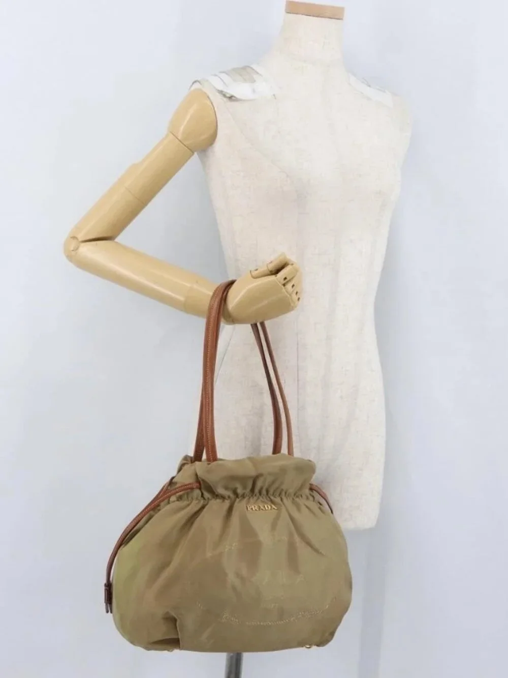 PRADA Tote Bag Nylon Beige Gold Auth bs32789 - Picture 1 of 16